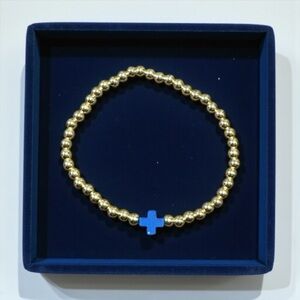 Gold Beaded Bracelet with Blue Cross Charm